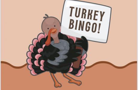 Turkey with a sign that says turkey bingo