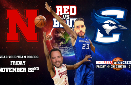 Mr wessel and mr nelson playing basektball with nebraska n and creighton c